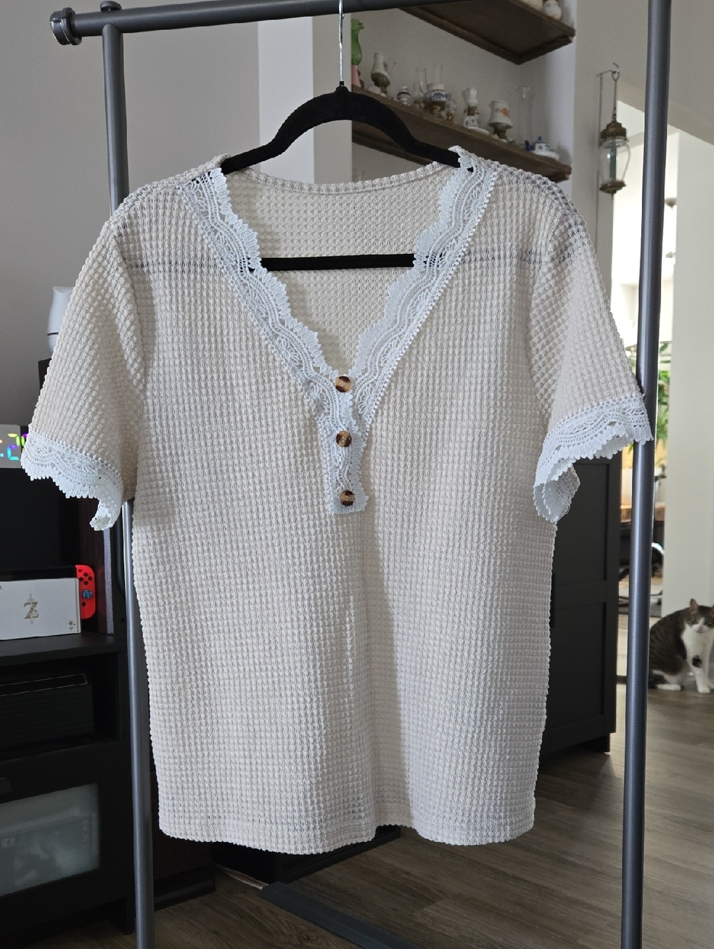 SHEIN Cream Waffle Knit V-Neck Top with Lace Trim